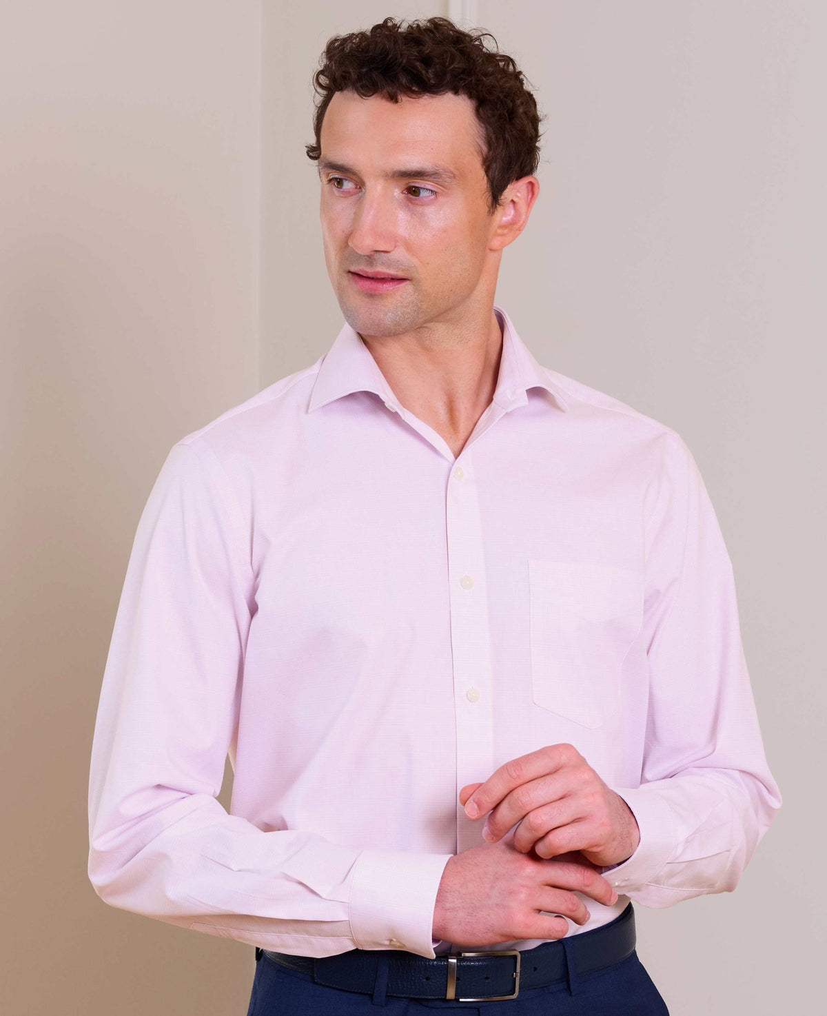 Pink Prince of Wales Check Cotton Twill Classic Fit Formal Shirt - Single Cuff
