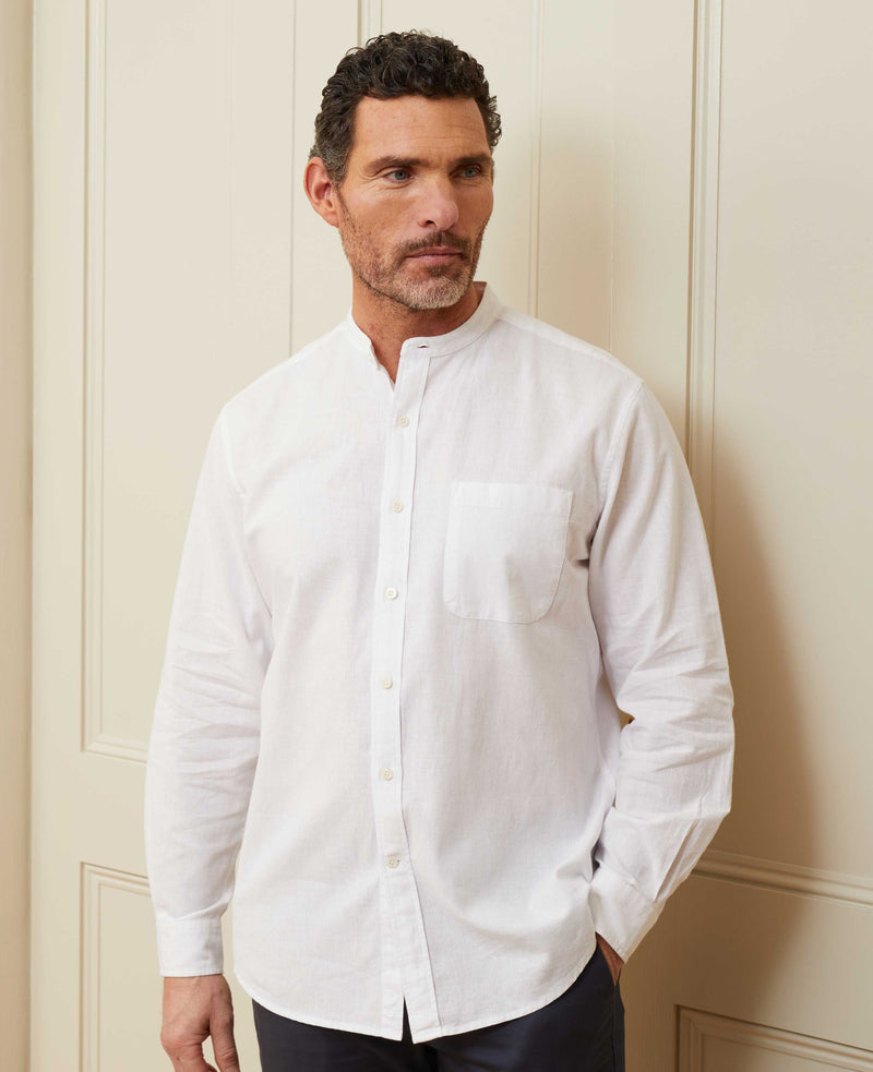 Men's White LinenCotton Blend Grandad Collar Casual Shirt
