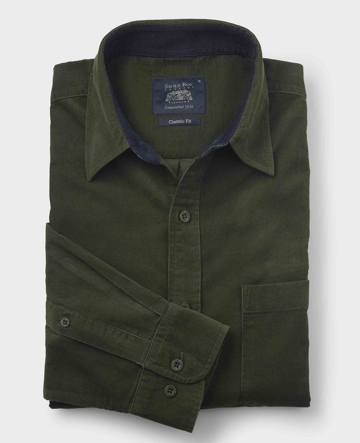 Men's Khaki Cotton Babycord Classic Fit Casual Shirt folded