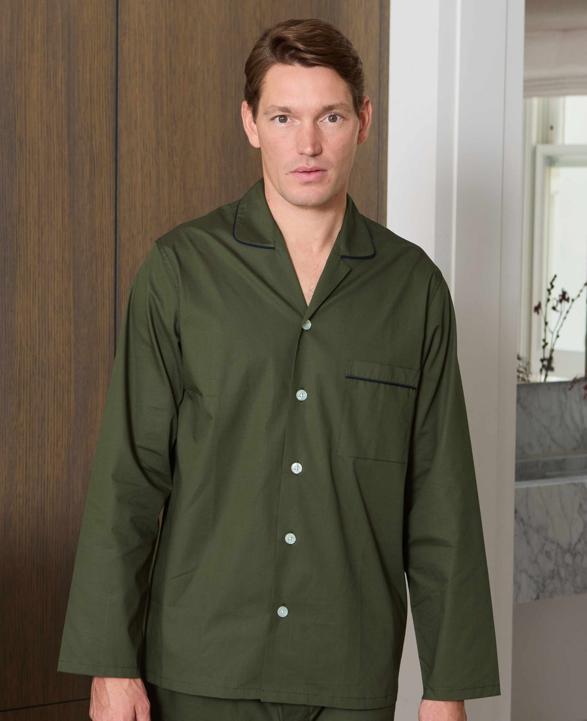 Men's Khaki Cotton Piped Pyjamas model shot