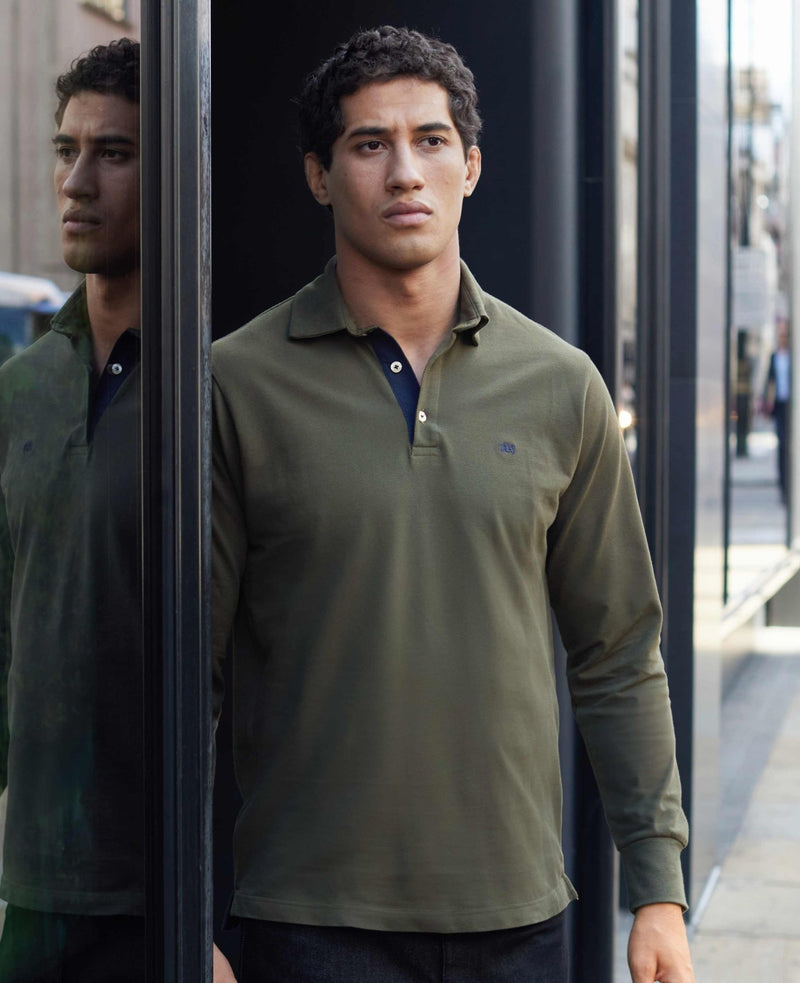 Khaki Cotton Pique Long Sleeve Polo Shirt