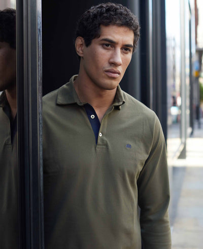 Khaki Cotton Pique Long Sleeve Polo Shirt