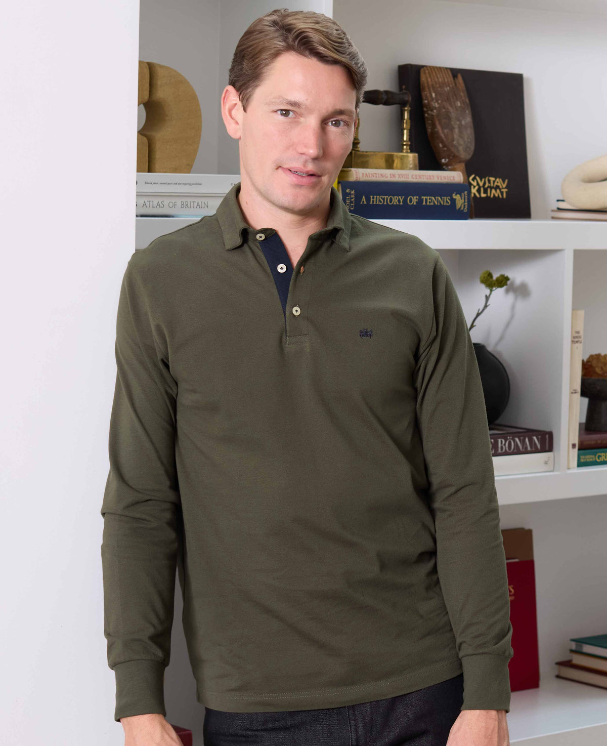 Men's Khaki Cotton Pique Long Sleeve Polo Shirt model shot 2