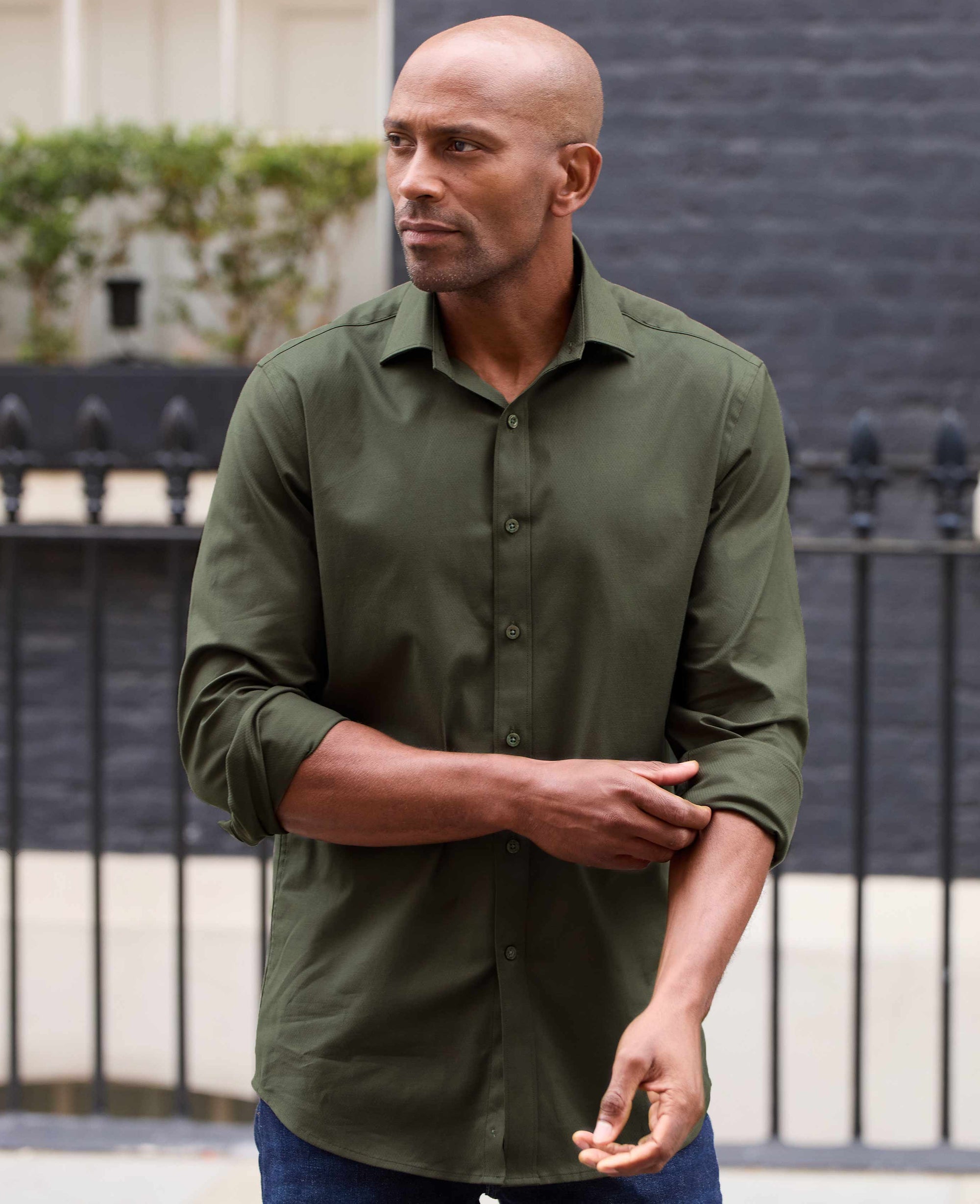 Men's Khaki Stretch Cotton Slim Fit Formal Shirt With Single Cuffs | Savile Row Company Men's Khaki Stretch Cotton Slim Fit Formal Shirt With Single Cuffs | Savile Row Company