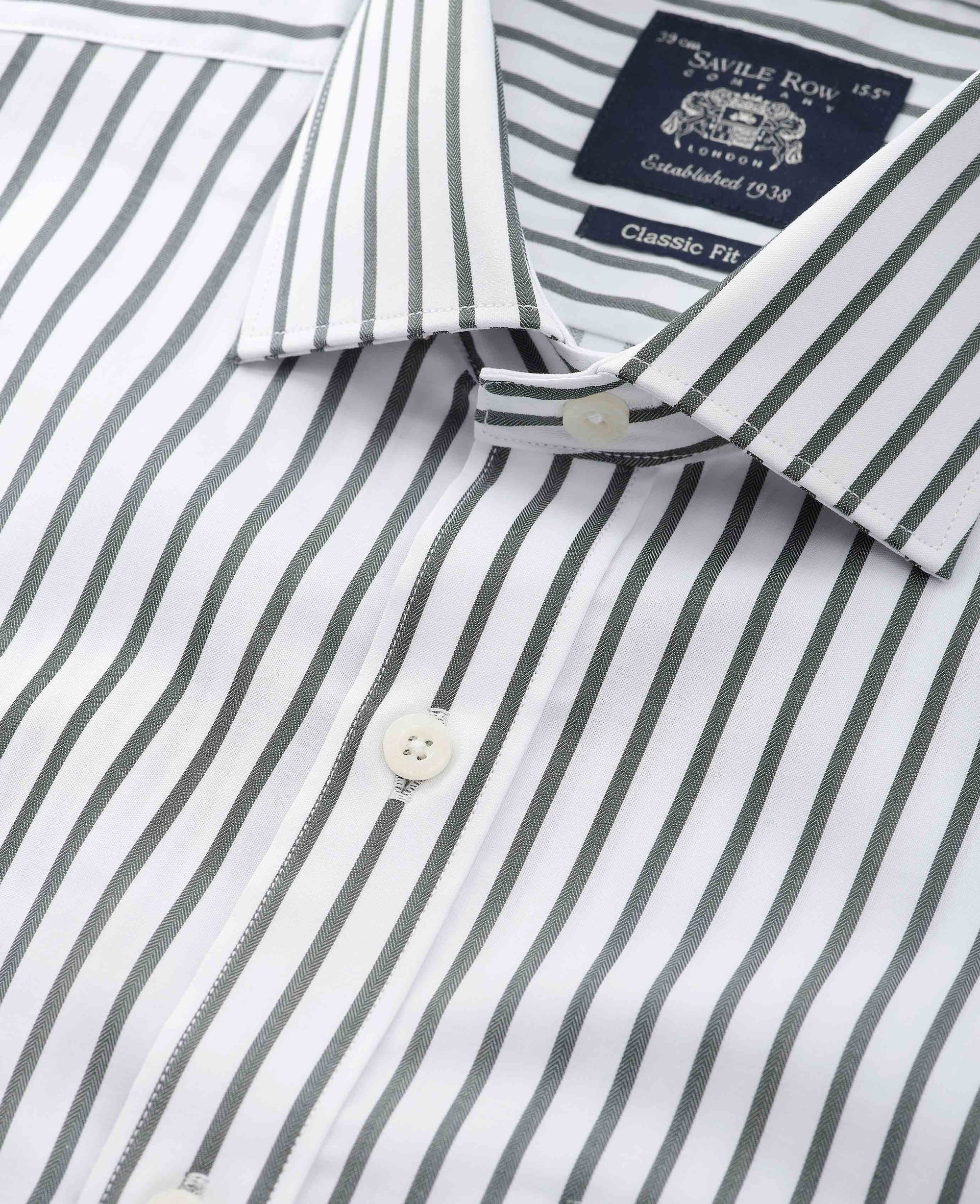Men's Khaki White Stripe Cotton Classic Fit Formal Shirt With Single Cuffs | Savile Row Company Men's Khaki White Stripe Cotton Classic Fit Formal Shirt With Single Cuffs | Savile Row Company