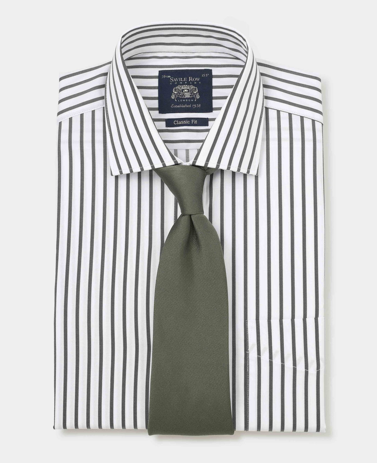 Men's Khaki White Stripe Cotton Classic Fit Formal Shirt With Single Cuffs folded with tie