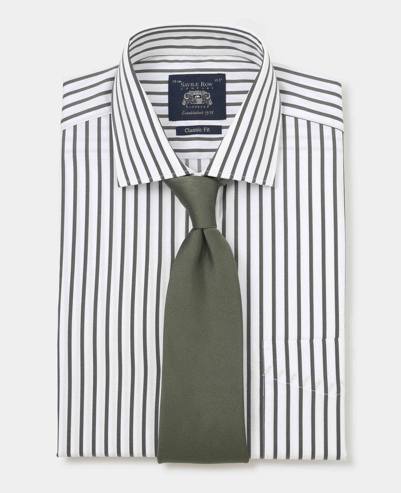 Men's Khaki White Stripe Cotton Classic Fit Formal Shirt With Single Cuffs folded with tie