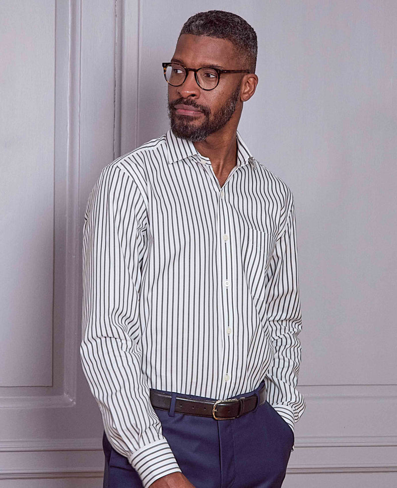 Men's Khaki White Stripe Cotton Classic Fit Formal Shirt With Single Cuffs model image 2