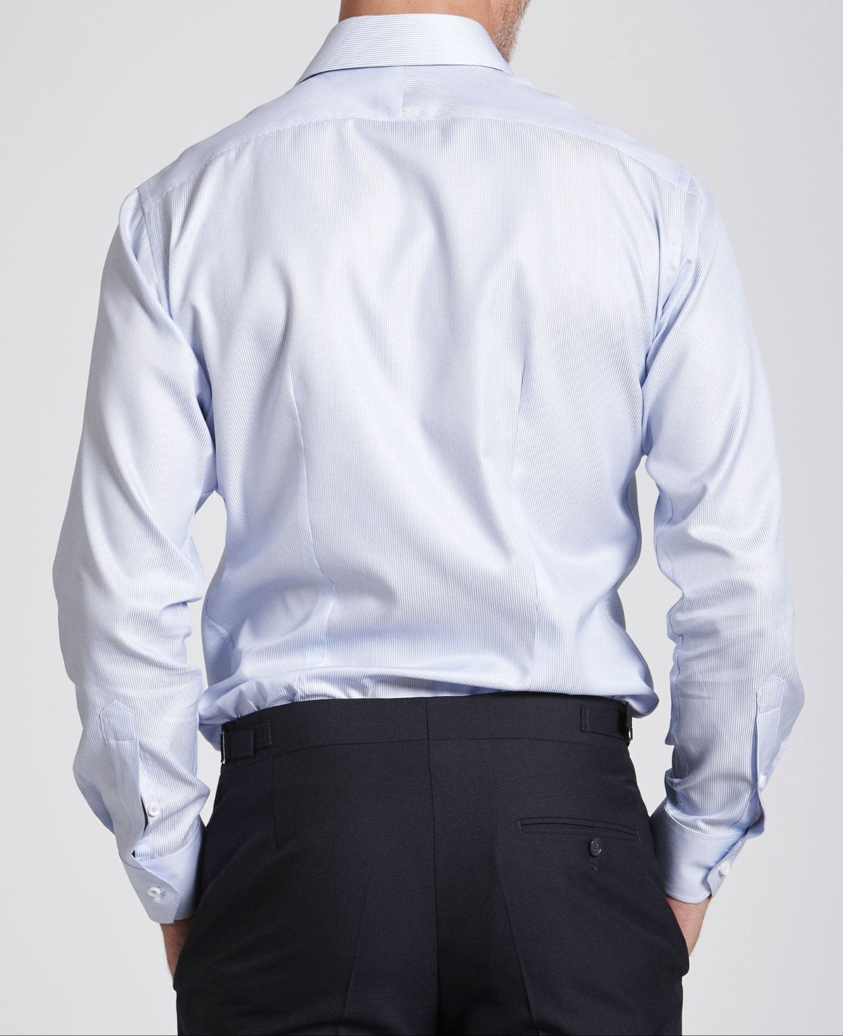 Leon Blue Satin Dobby Stripe Made To Measure Shirt MODEL BACK SHOT