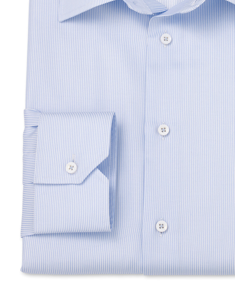 Leon Blue Satin Dobby Stripe Made To Measure Shirt CUFF DETAIL