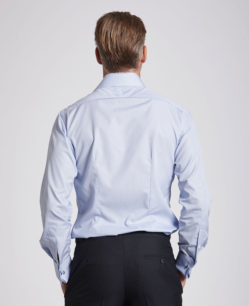 Lewis Blue Fine Check Made To Measure Shirt MODEL BACK SHOT