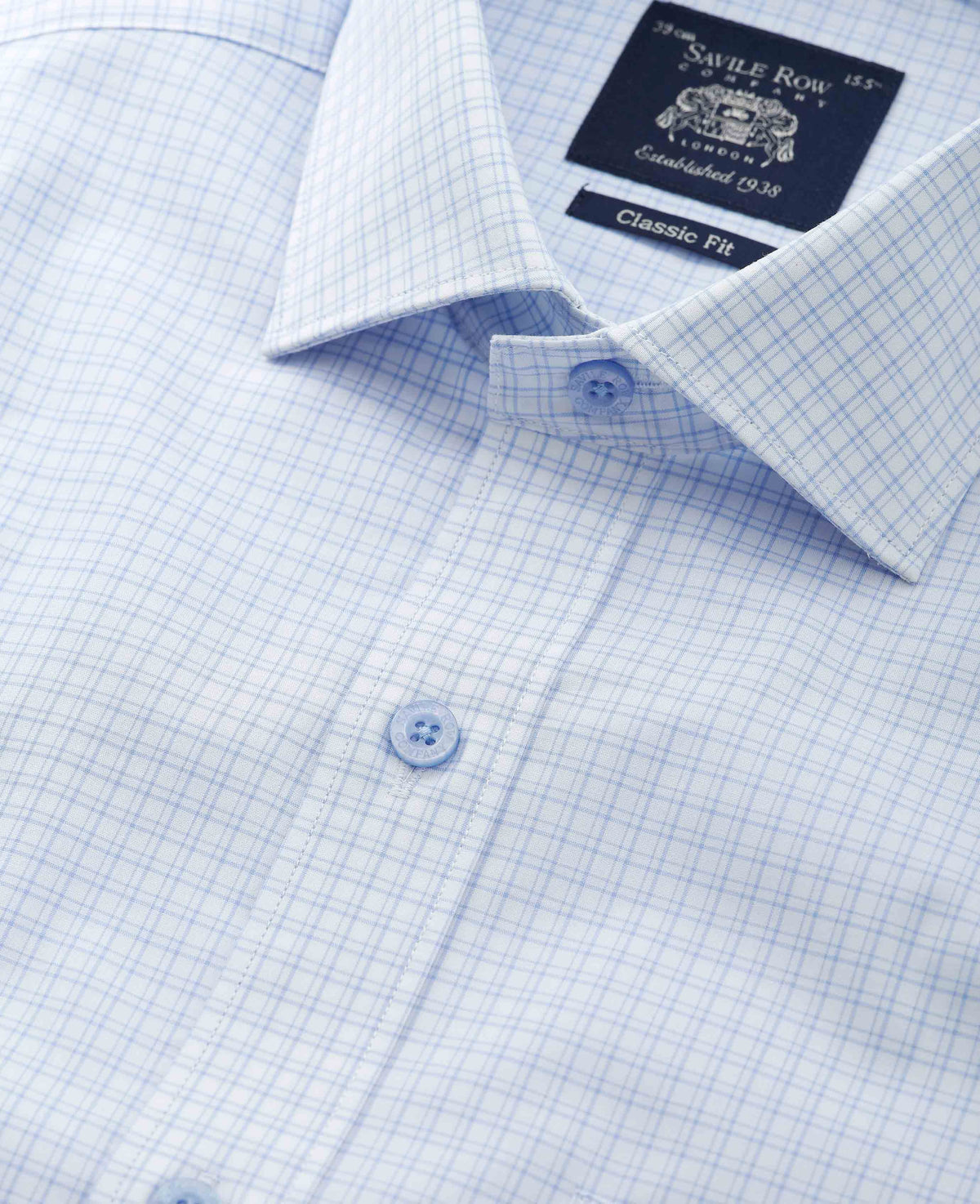 Men's Light Blue Cotton Check Classic Fit Formal Shirt With Short Sleeves collar detail