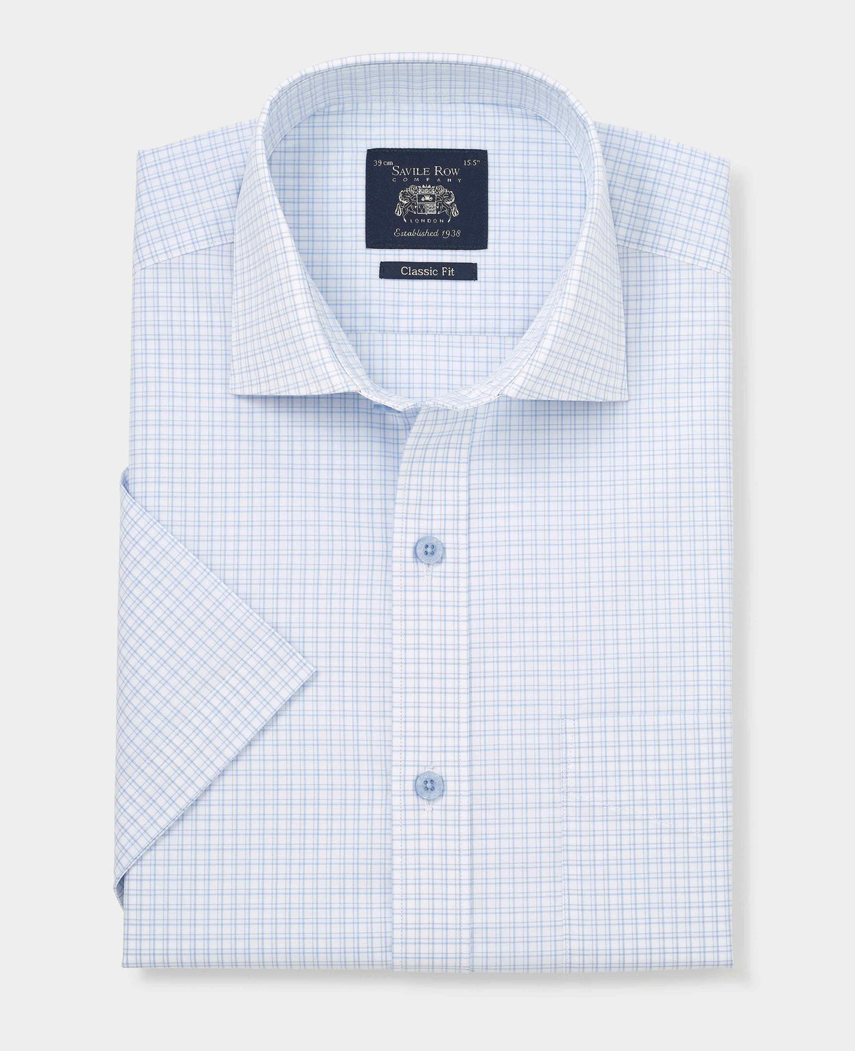 Men's Light Blue Cotton Check Classic Fit Formal Shirt With Short Sleeves folded
