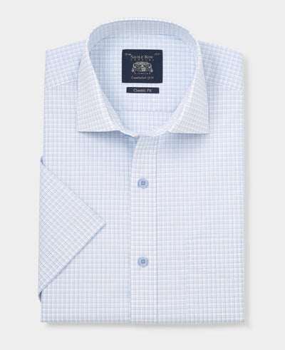 Men's Light Blue Cotton Check Classic Fit Formal Shirt With Short Sleeves folded