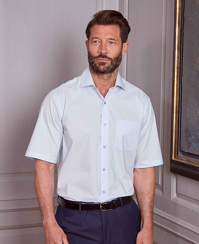 Men's Light Blue Cotton Check Classic Fit Formal Shirt With Short Sleeves model image