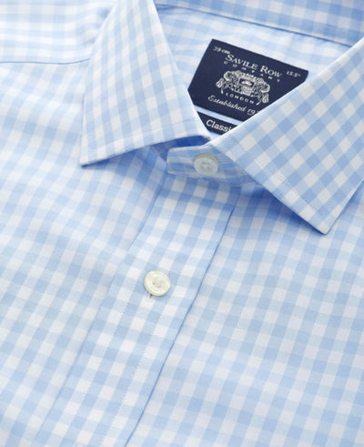 Men's Light Blue Cotton Poplin Gingham Check Classic Fit Non-Iron Shirt With Single Cuffs collar detail