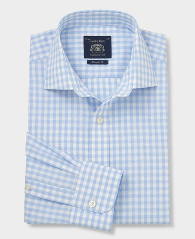 Men's Light Blue Cotton Poplin Gingham Check Classic Fit Non-Iron Shirt With Single Cuffs folded