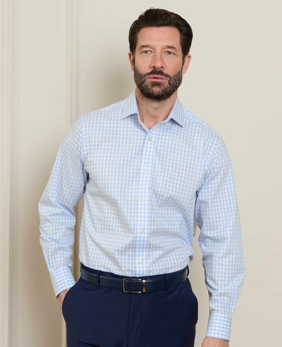 Light Blue Cotton Poplin Gingham Check Classic Fit Non-Iron Shirt - Single Cuff