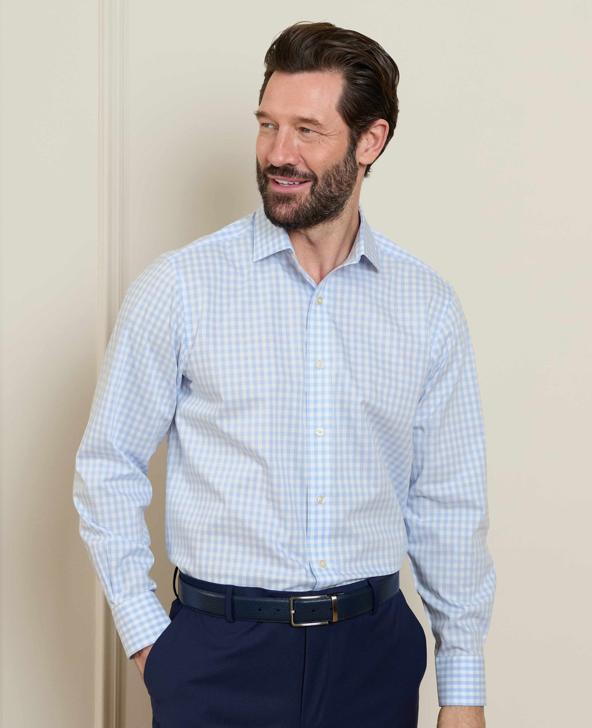 Men's Light Blue Cotton Poplin Gingham Check Classic Fit Non-Iron Shirt With Single Cuffs model shot