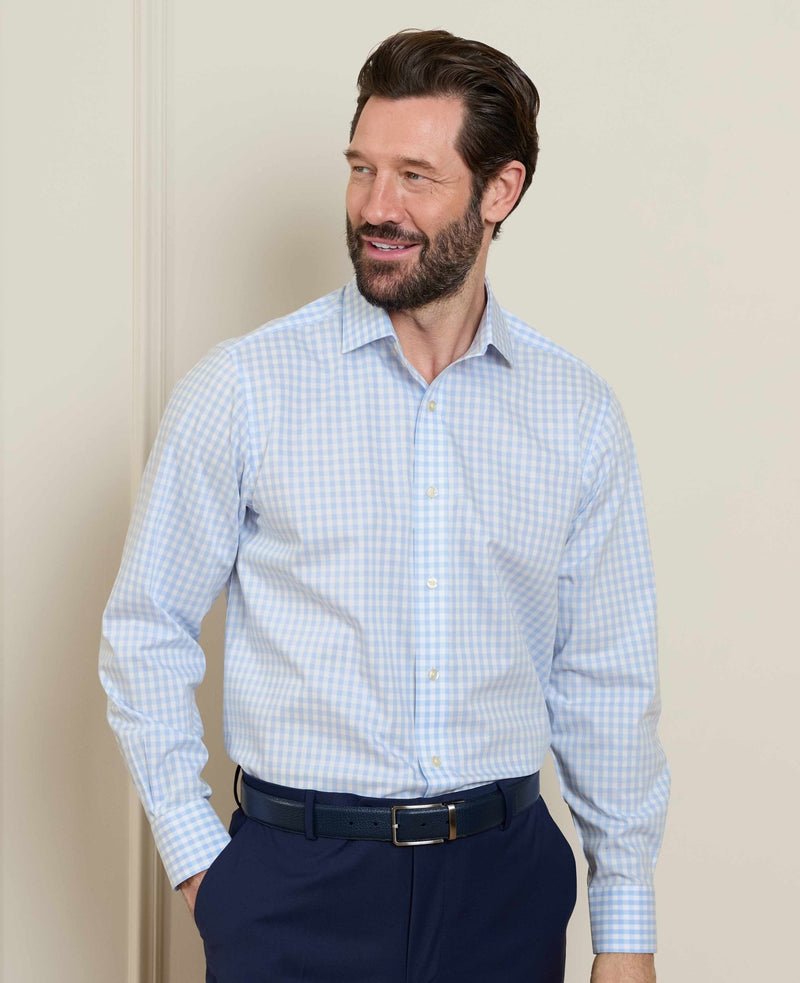 Light Blue Cotton Poplin Gingham Check Classic Fit Non-Iron Shirt - Single Cuff