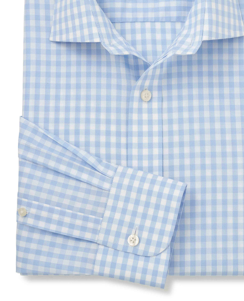 Men's Light Blue Cotton Poplin Gingham Check Classic Fit Non-Iron Shirt With Single Cuffs sleeve detail