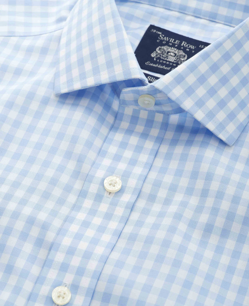 Men's Light Blue Cotton Poplin Gingham Check Slim Fit Non-Iron Shirt With Single Cuffs collar detail