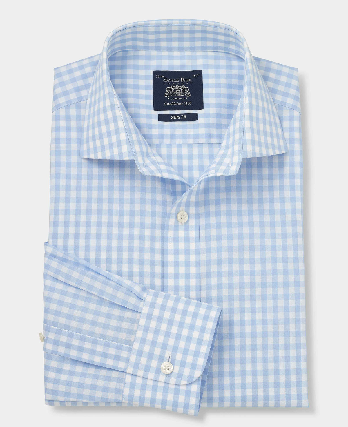 Men's Light Blue Cotton Poplin Gingham Check Slim Fit Non-Iron Shirt With Single Cuffs folded