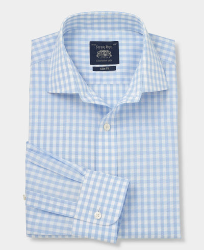 Men's Light Blue Cotton Poplin Gingham Check Slim Fit Non-Iron Shirt With Single Cuffs folded