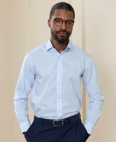 Light Blue Cotton Poplin Gingham Check Slim Fit Non-Iron Shirt - Single Cuff