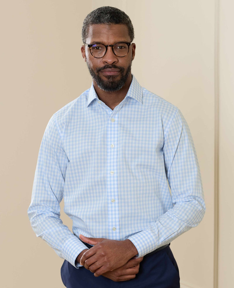 Light Blue Cotton Poplin Gingham Check Slim Fit Non-Iron Shirt - Single Cuff
