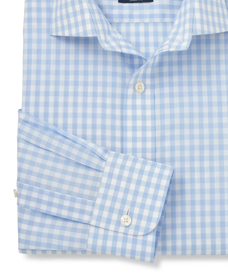 Men's Light Blue Cotton Poplin Gingham Check Slim Fit Non-Iron Shirt With Single Cuffs sleeve detail
