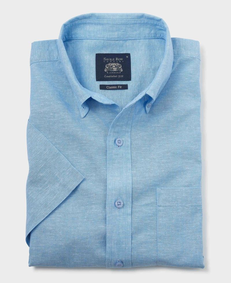 Light Blue Linen Cotton Classic Fit Button-Down Short Sleeve Casual Shirt