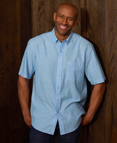 Light Blue Linen Cotton Classic Fit Button-Down Short Sleeve Casual Shirt