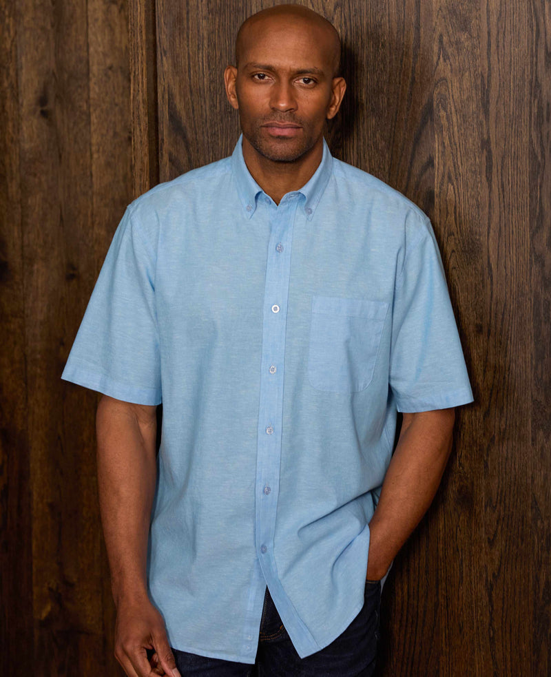 Light Blue Linen Cotton Classic Fit Button-Down Short Sleeve Casual Shirt