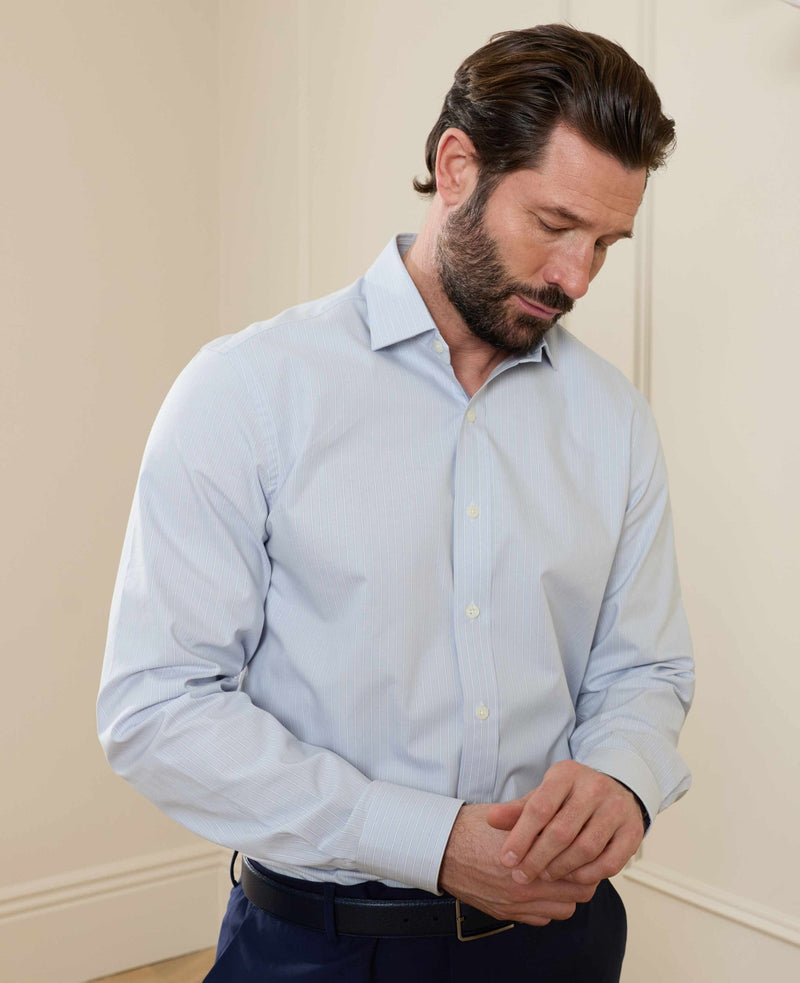 Light Blue Pinpoint Cotton Slim Fit Stripe Formal Shirt - Single Cuff