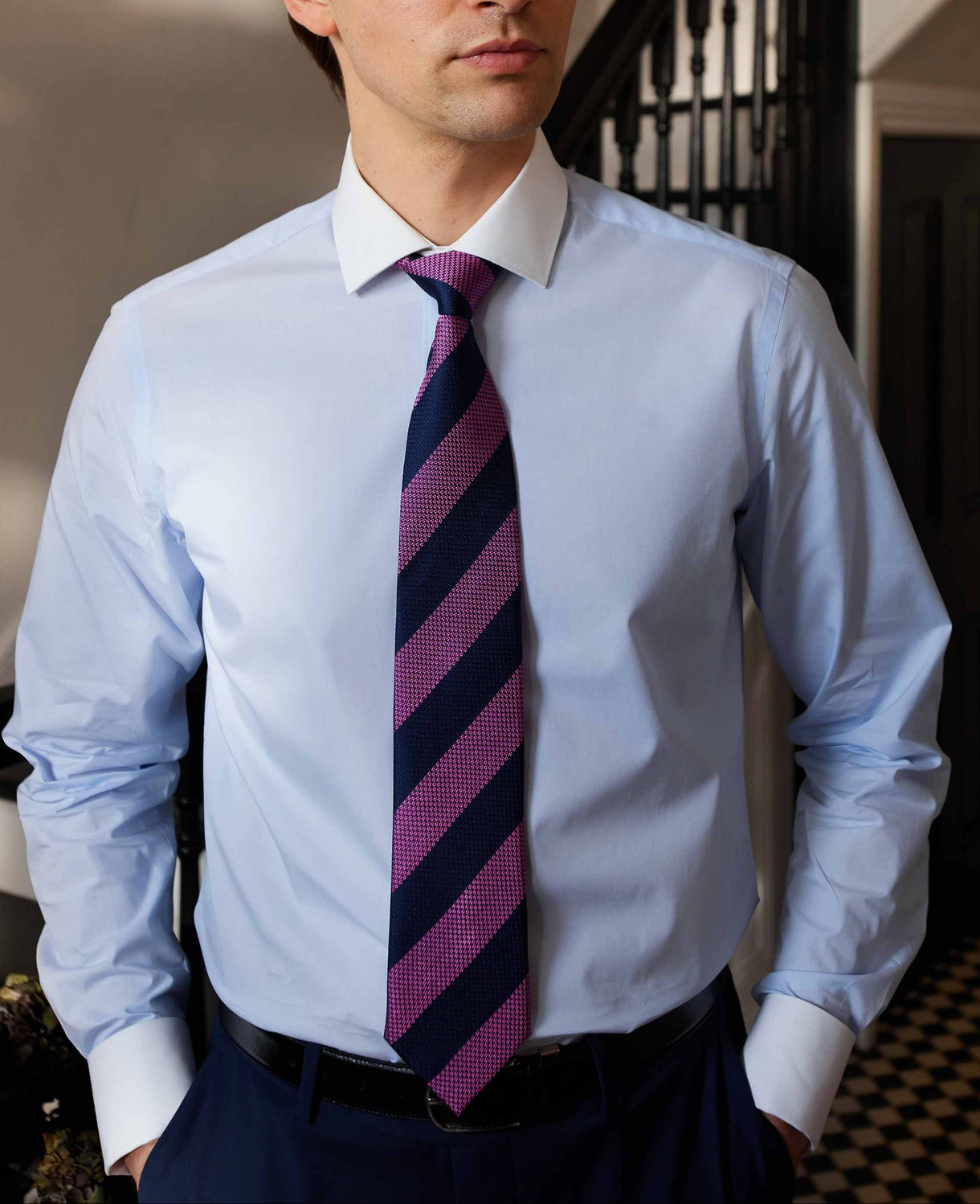 Light Blue Slim Fit Contrast Collar Shirt - Double Cuff