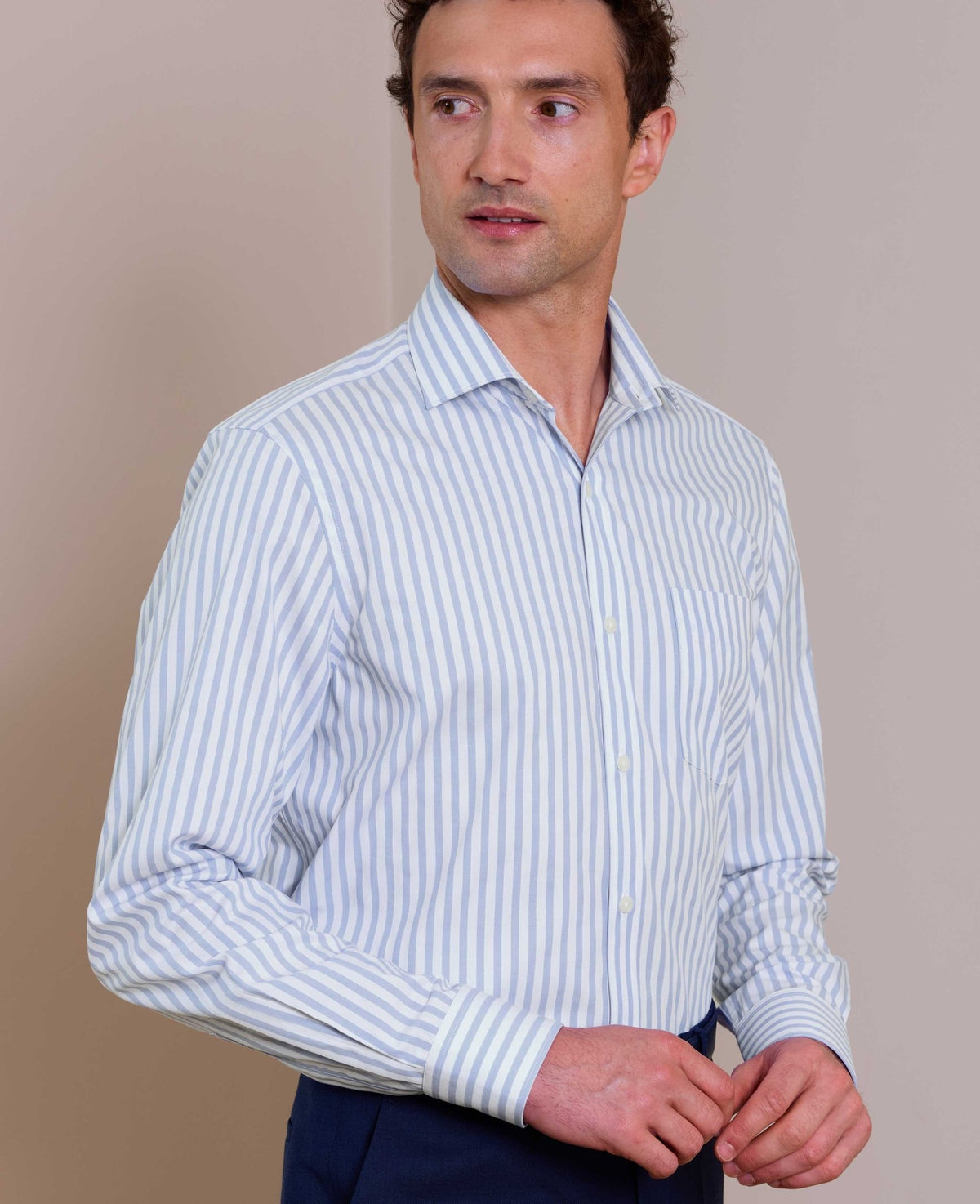 Light Blue Stripe Cotton Poplin Classic Fit Formal Shirt - Single Cuff