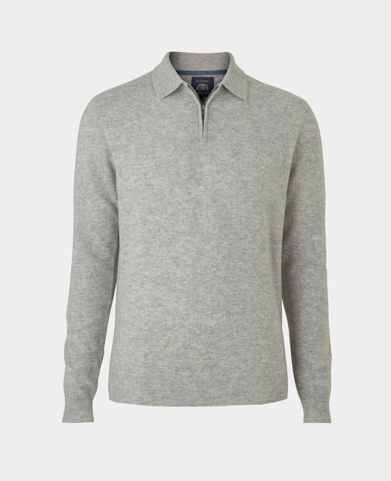 Light Grey Merino Wool Cashmere Zip Neck Long Sleeve Polo Shirt