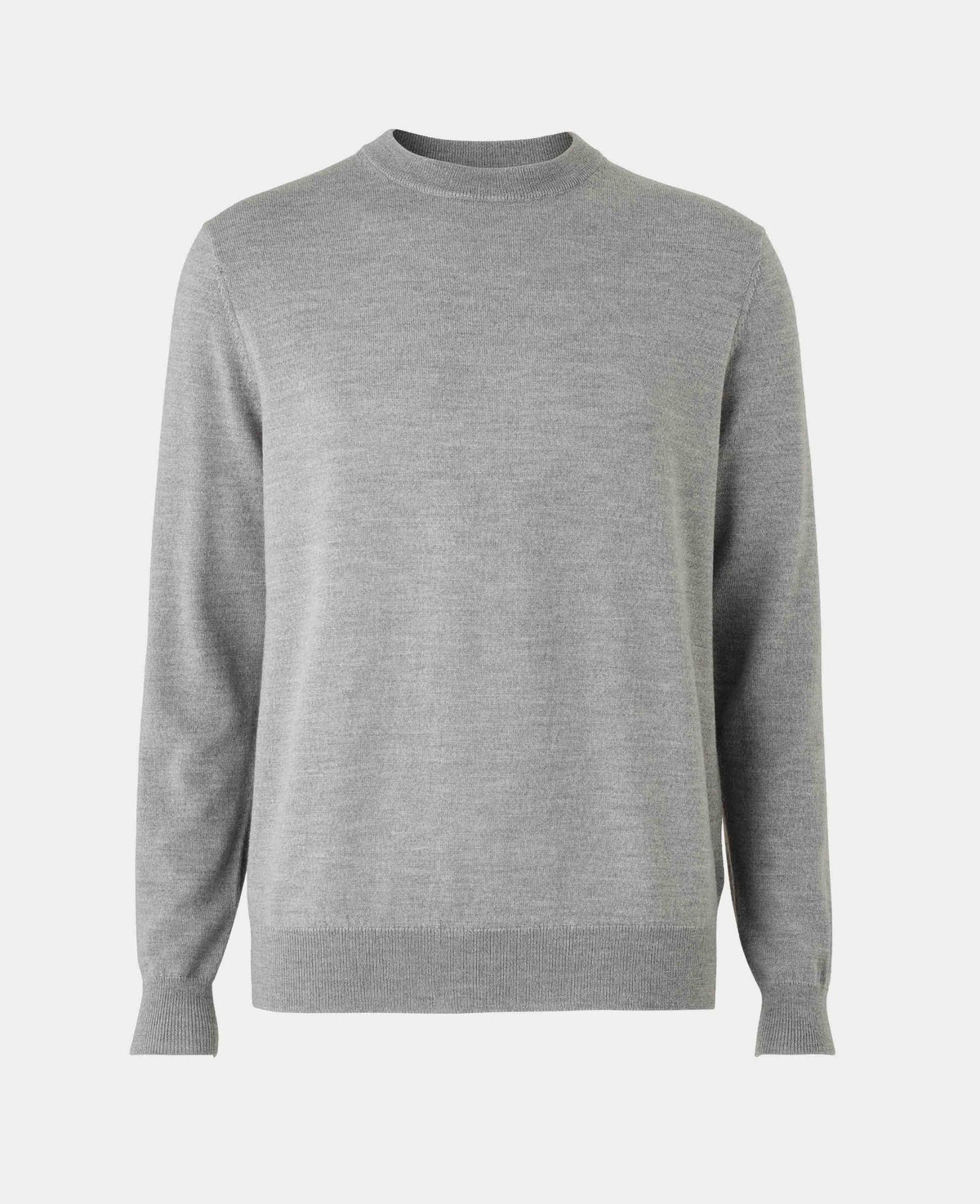 A light gray long-sleeve crewneck sweater displayed on a clean, solid light gray background.