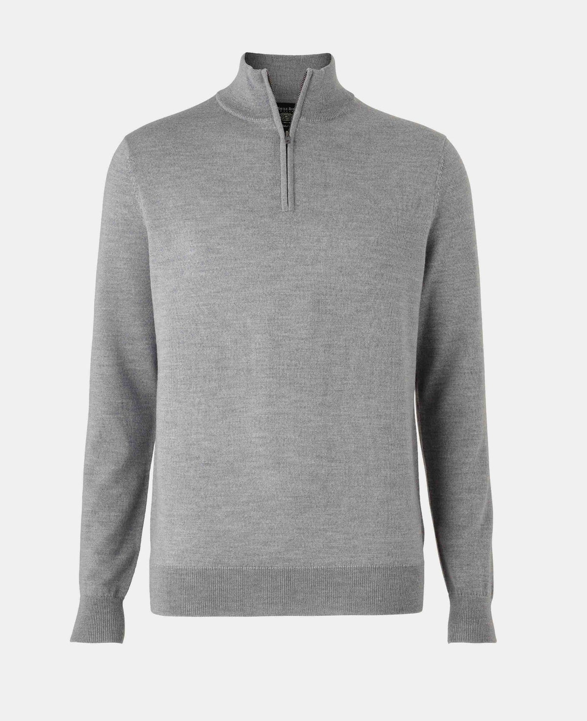 A light gray long-sleeve quarter-zip knit sweater displayed on a clean, light gray background.