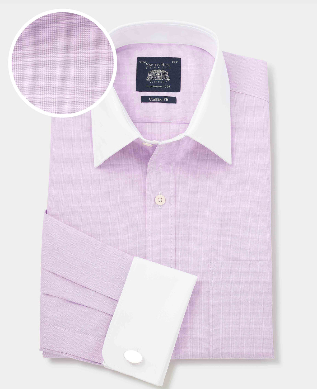 Men's Lilac Cotton Fine Check Classic Fit Winchester Formal Shirt With Double Cuffs with fabric swatch