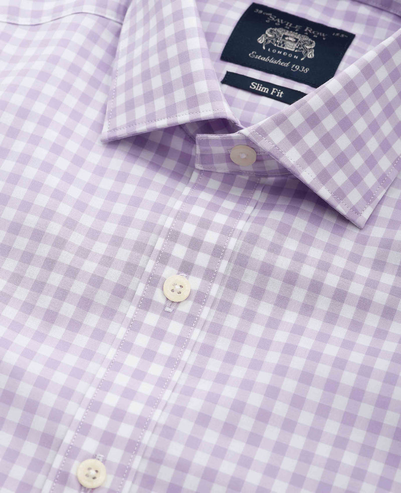 Men's Lilac Cotton Check Slim Fit Formal Shirt With Single Cuffs collar detail
