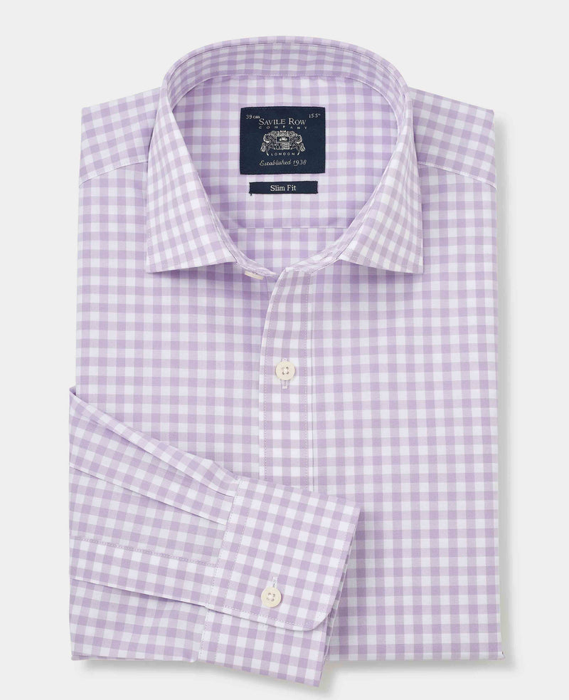Men's Lilac Cotton Check Slim Fit Formal Shirt With Single Cuffs folded