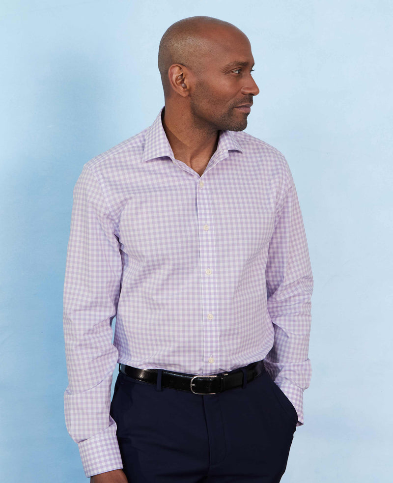 Men's Lilac Cotton Check Slim Fit Formal Shirt With Single Cuffs model shot 2