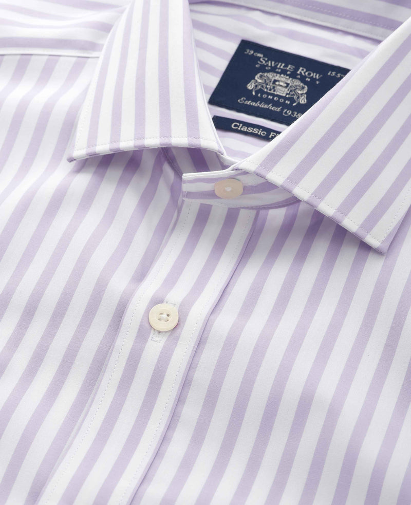 Lilac White Stripe Cotton Poplin Classic Fit Formal Shirt - Single Cuff