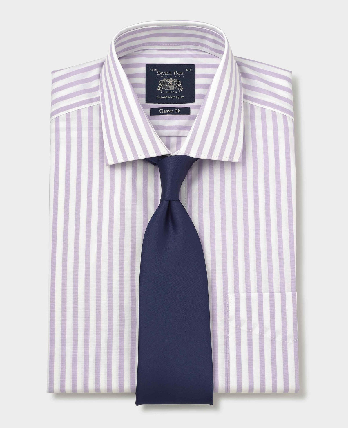 Men's Lilac White Stripe Cotton Poplin Classic Fit Formal Shirt With Single Cuffs folded shot