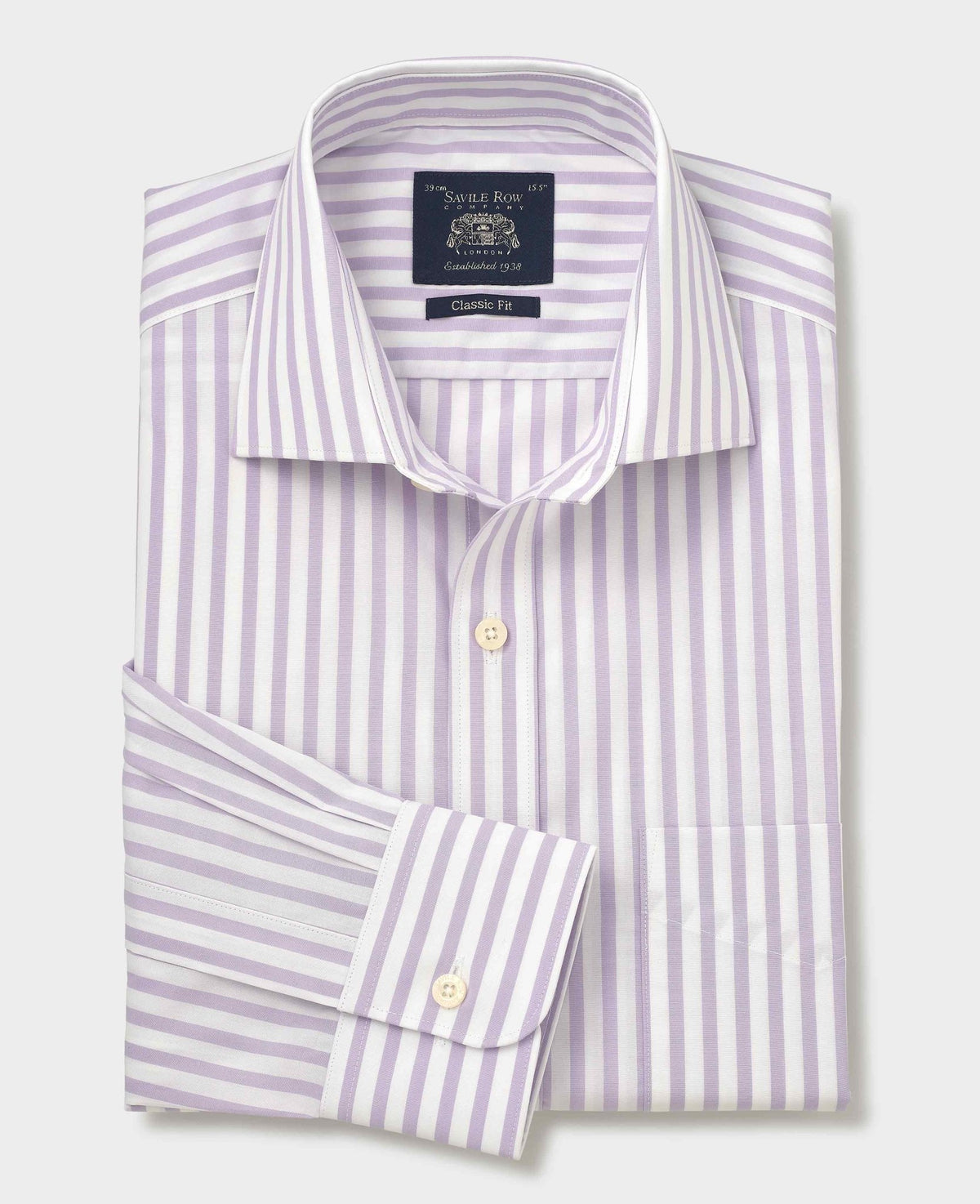Men's Lilac White Stripe Cotton Poplin Classic Fit Formal Shirt With Single Cuffs folded shot