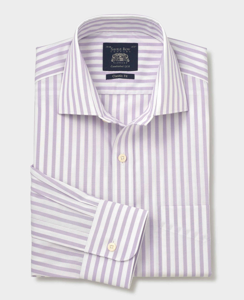 Lilac White Stripe Cotton Poplin Classic Fit Formal Shirt - Single Cuff