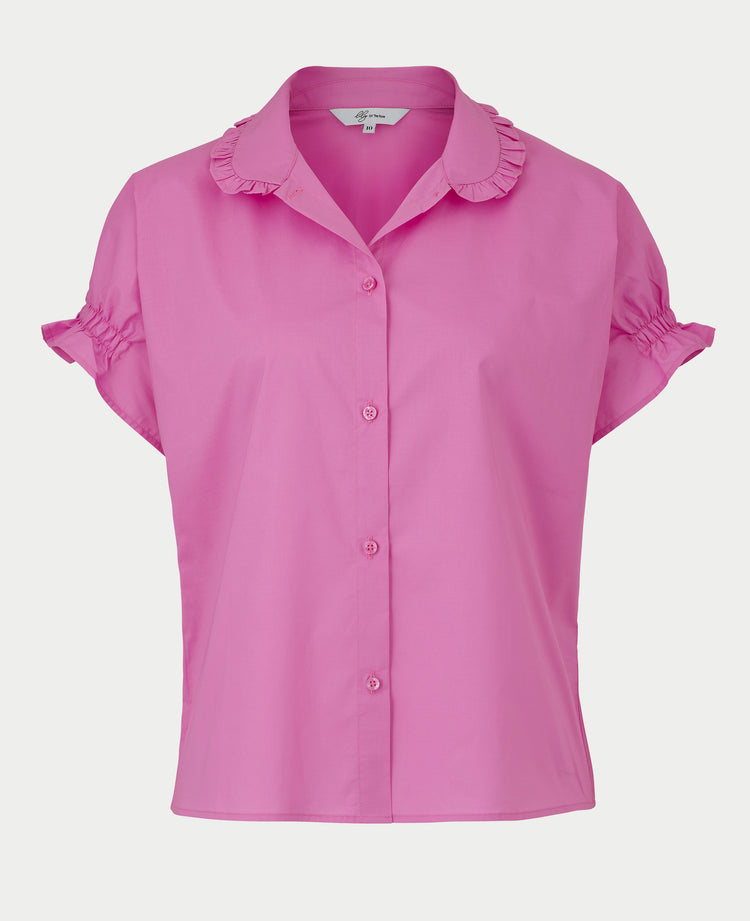 Women's Pink Cotton Short Sleeve Frilled Shirt