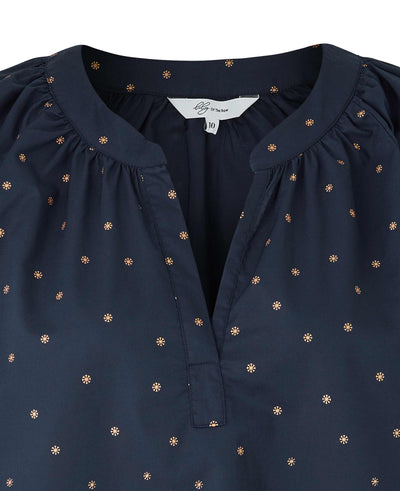 Women's Navy Snowflake Print Loose Fit Balloon Sleeve Shirt